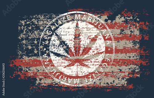 Vector banner for legalize marijuana with hemp leaf on abstract background of american flag in grunge style. Natural product made from organic hemp. Smoking weed. Medical cannabis logo