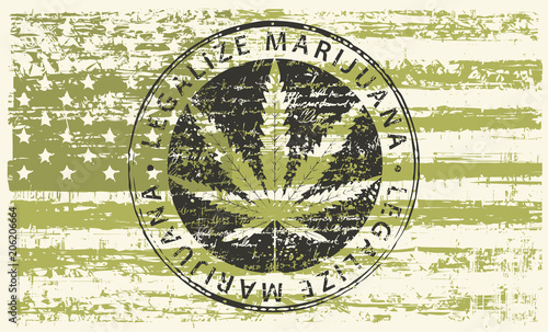 Vector banner for legalize marijuana with hemp leaf on abstract background of american flag in grunge style. Natural product made from organic hemp. Smoking weed. Medical cannabis logo