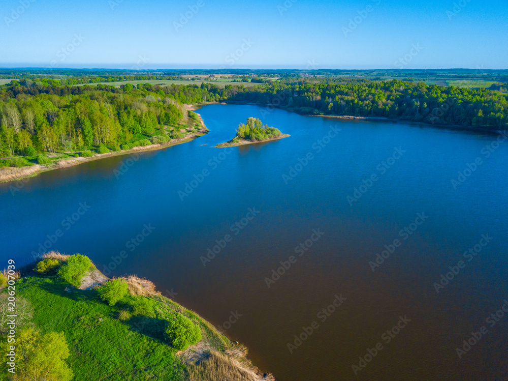 Aerial landscape of small island at the lake