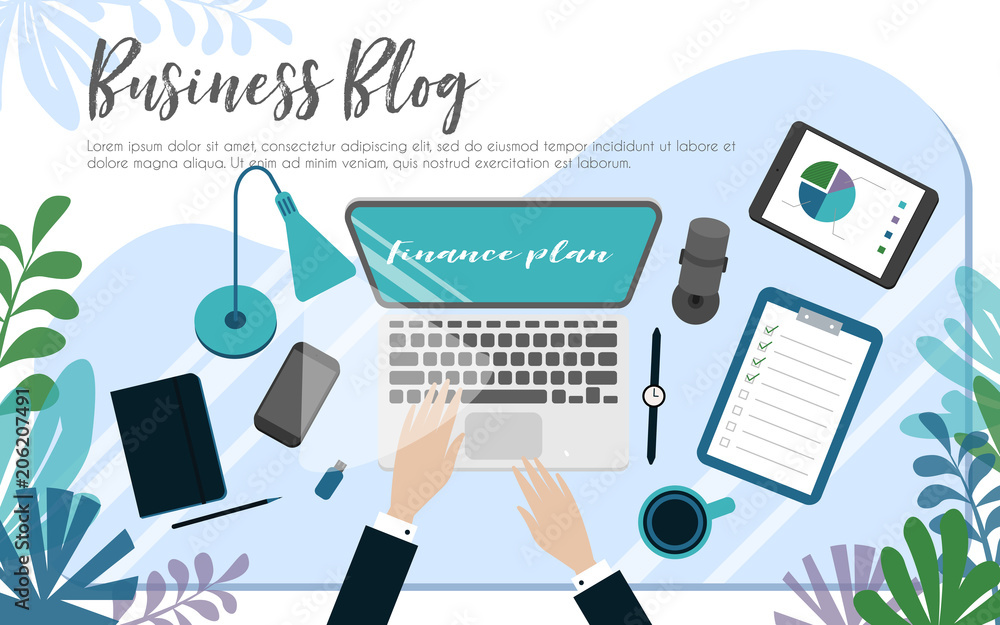 Workplace of businessman blogger view from above with arms Workplace of businessman blogger view from above with arms