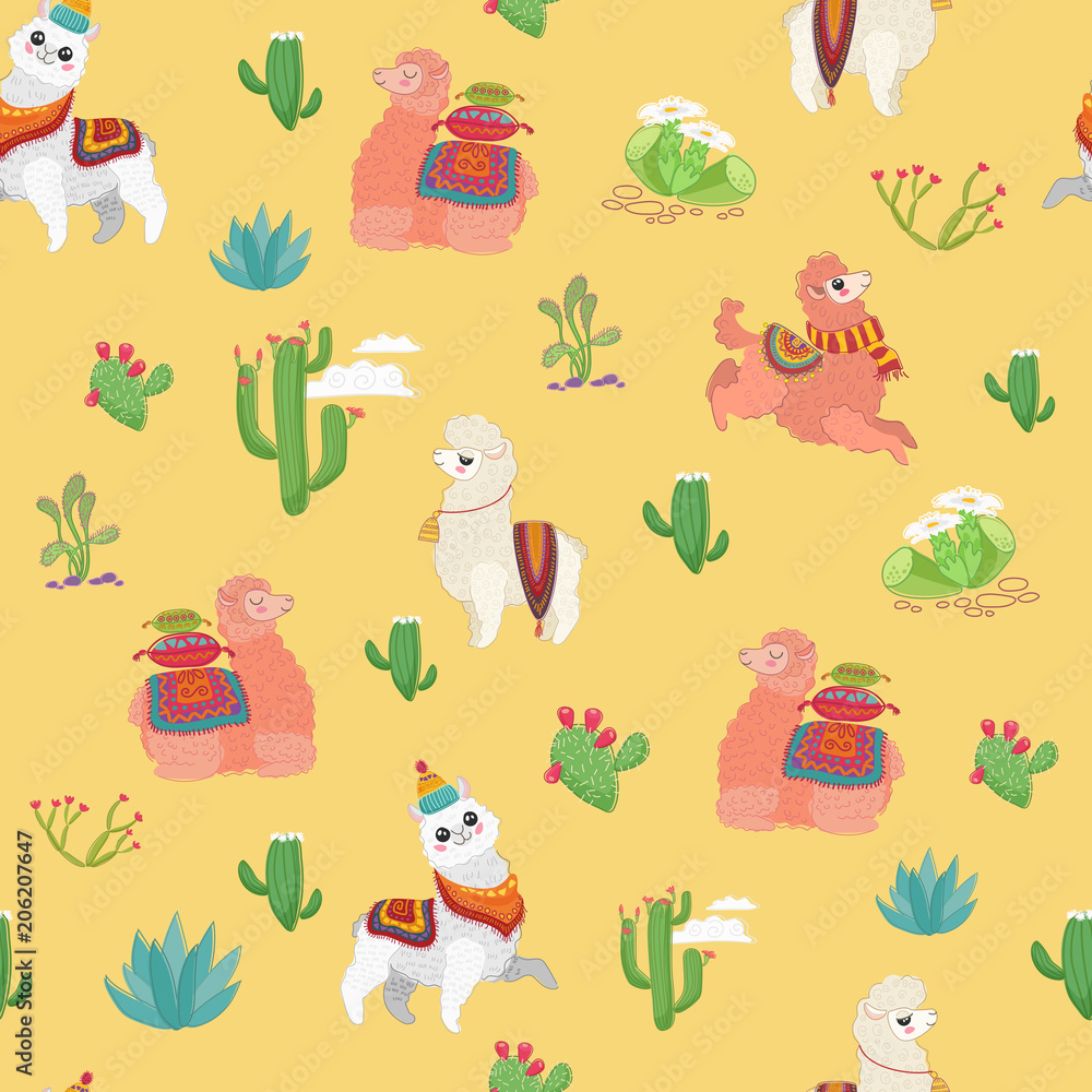 Hand drawn vector seamless pattern with cute lama alpaca, cactus and other plant herbs.