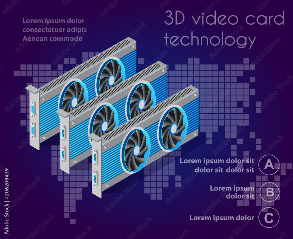 Obraz premium 3d isometric video graphic card of an electronic server of cloud tech network connects payment technology for business concept background. Digital chip bitcoin farm set ultraviolet illustration.