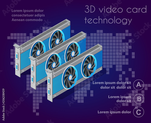3d isometric video graphic card of an electronic server of cloud tech network connects payment technology for business concept background. Digital chip bitcoin farm set ultraviolet illustration.
