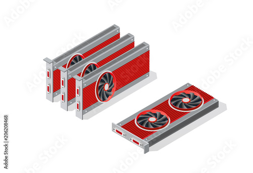 3d isometric video graphic card of an electronic server of cloud tech network connects payment technology for business concept background. Digital chip bitcoin farm set illustration.