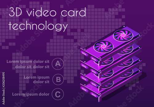 3d isometric video graphic card of an electronic server of cloud tech network connects payment technology for business concept background. Digital chip bitcoin farm set ultraviolet illustration.