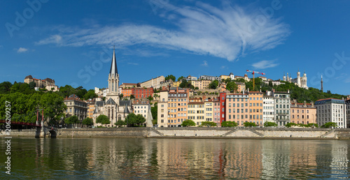 View at the colorful buildings of UNESCO world heritage site Vieux-Lyon over the Saone river. Lyon, France.