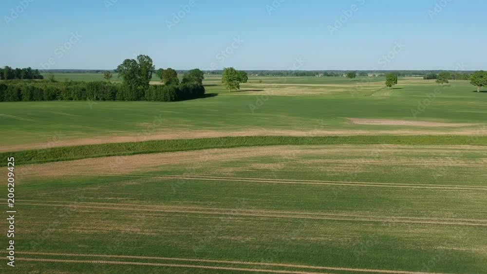 Drone fly up over spring time farmland fields with groves and trees, aerial view Drone fly up over spring time farmland fields with groves and trees, aerial view