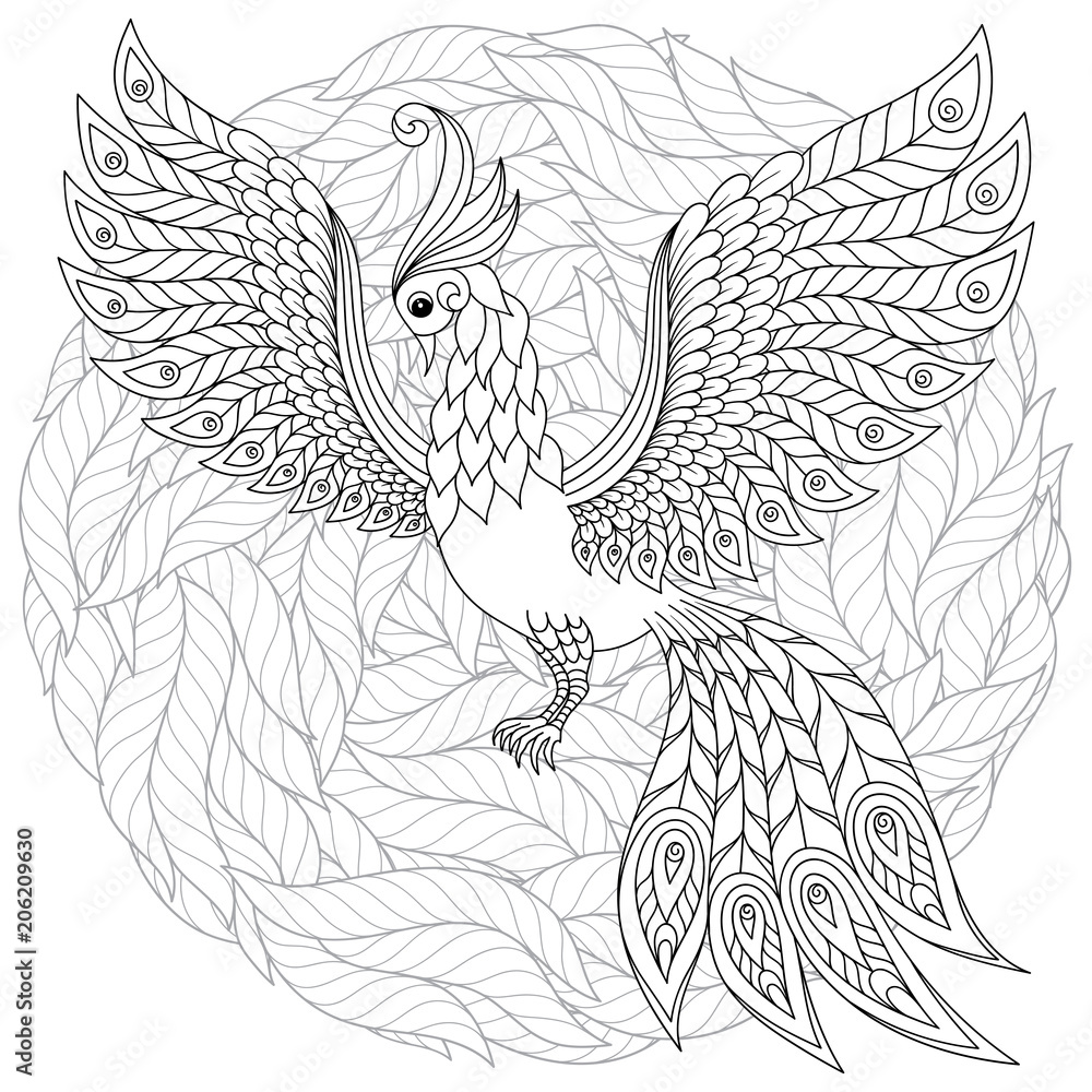 Fototapeta premium Firebird for anti stress Coloring Page with high details.