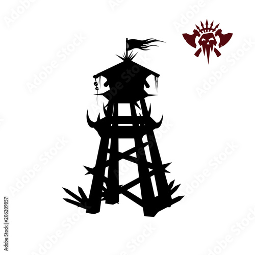 Black silhouette of orcs tower. Fantasy object. Archer medieval watchtower. Game fortress icon