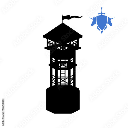 Black silhouette of human tower. Fantasy object. Archer medieval watchtower. Game fortress icon