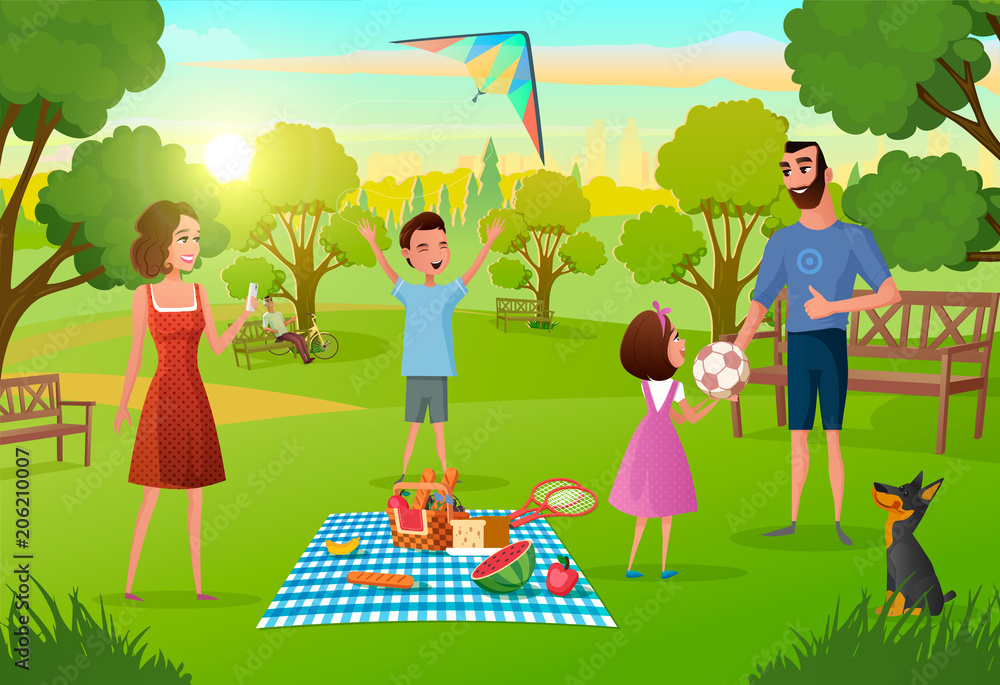 Happy Family Enjoying Picnic on Meadow in Park Cartoon Vector Illustration.  Parents Having Fun, Lunching, Playing with Kids on Weekend Leisure. Dinner  on Nature, Summer Vacations, Outdoor Activities Stock Vector