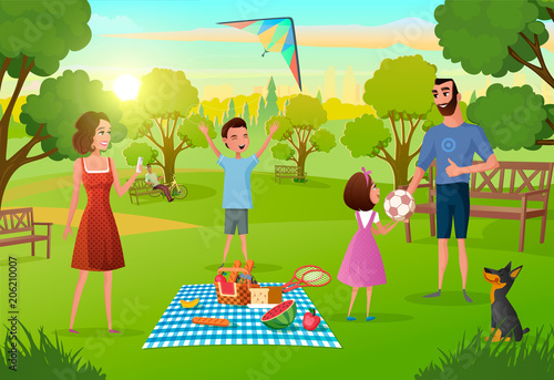 Happy Family Enjoying Picnic on Meadow in Park Cartoon Vector Illustration. Parents Having Fun, Lunching, Playing with Kids on Weekend Leisure. Dinner on Nature, Summer Vacations, Outdoor Activities