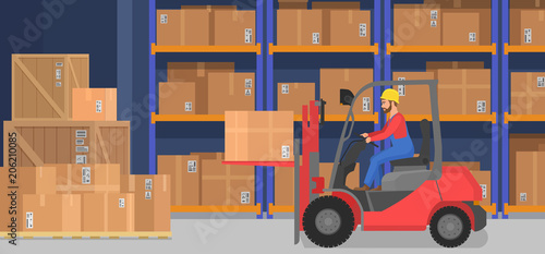 Industrial modern warehouse interior with delivery boxes shelves goods and pallet trucks. Cargo company storage and logistics concept.
