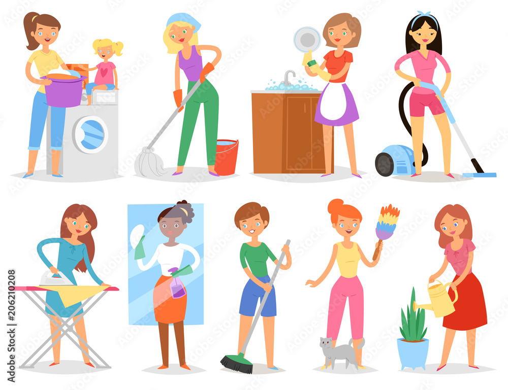 Φωτογραφία Housewife vector woman housekeeping and holding house clean with vacuum cleaner