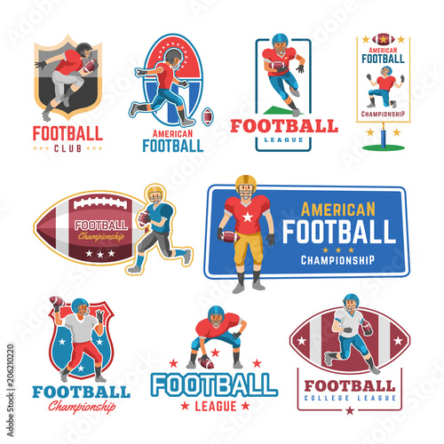 Soccer logo vector footballer or soccerplayer character in sportswear playing with soccerball on football pitch illustration set of footballing logotype with sportsman isolated on white background