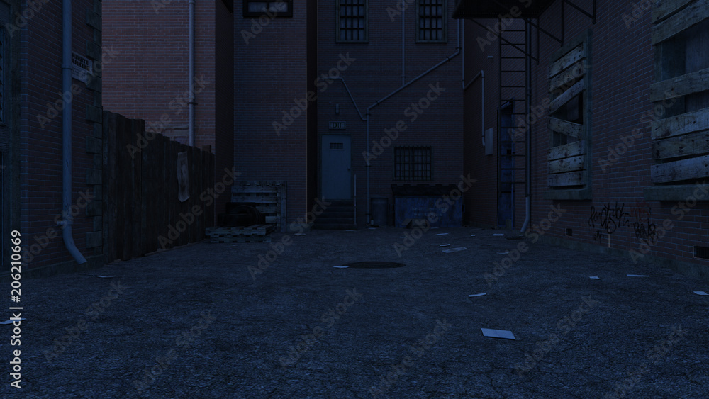 Fototapeta premium View of the dark street at the end of the road at night. Boarded-up Windows of the building with a fire escape