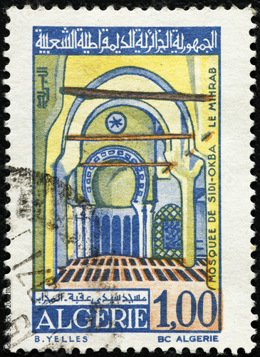 Mosque on ancient algerian postage stamp