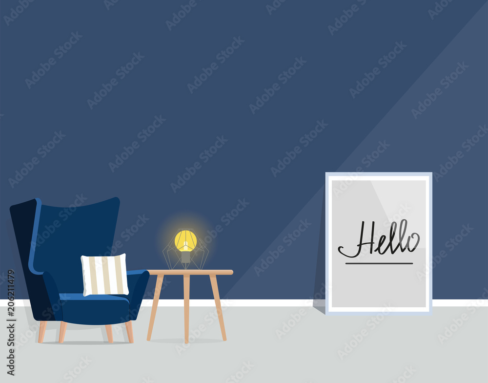 Fototapeta premium Modern interior design with table chair and picture. Vector flat illustration.
