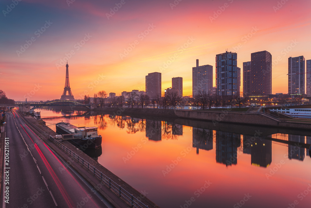 Paris skyline at sunrise, France
