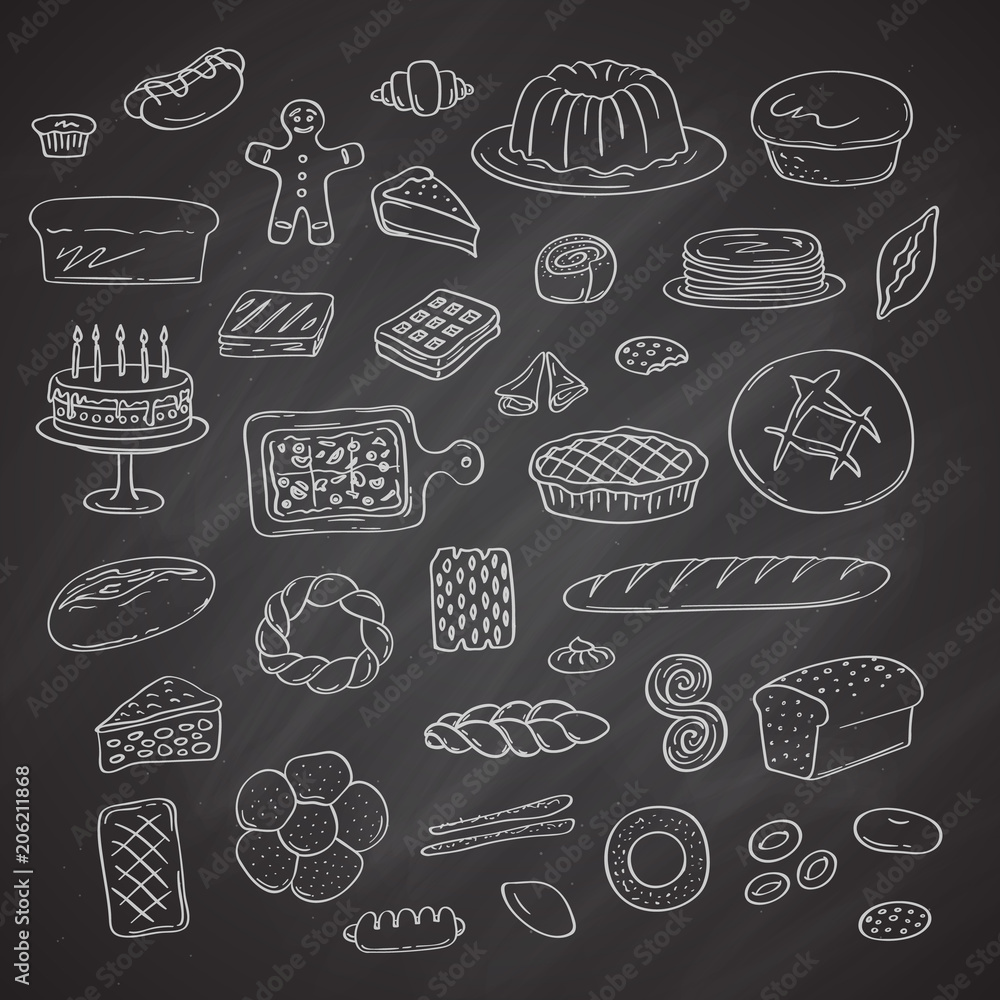 Vector set of hand drawn doodle bakery elements on black chalkboard illustration