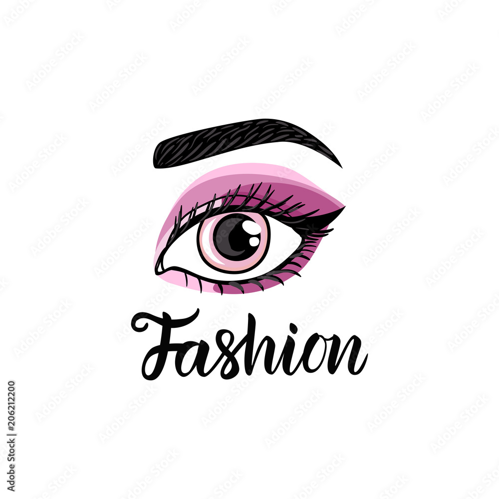 Vector Fashion sign. Hand drawn female eye with trend make up. Lettering inscription isolated on white background. Vector Fashion sign. Hand drawn female eye with trend make up. Lettering inscription isolated on white background.