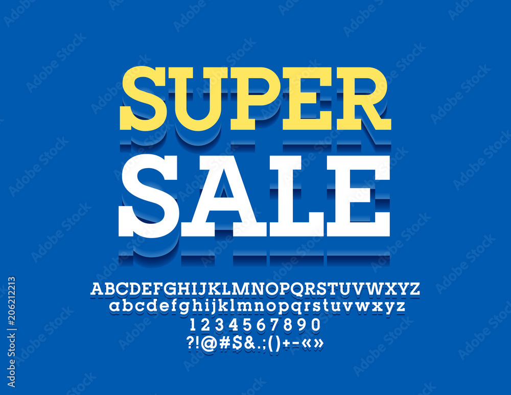 Bright banner with text Super Sale. Colorful Bright Font. Vector set of Alphabet Letters, Numbers and Symbols.