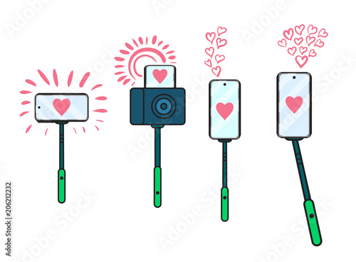 Vector Set selfie stick icon isolated on white