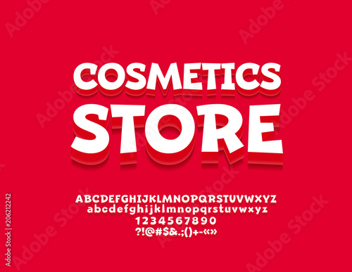 Vector bright Banner with text Cosmetic Store. Beautiful white Font. Creative Alphabet Letters, Numbers and Symbols