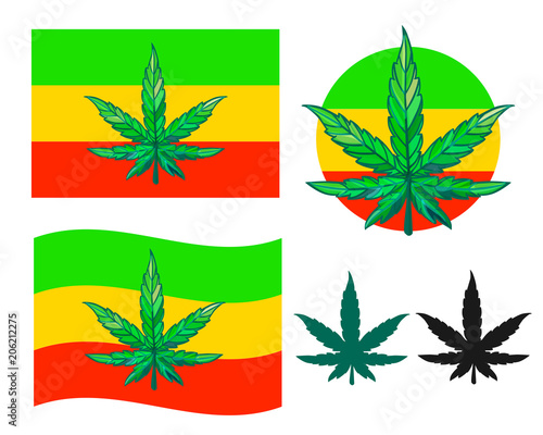Set Vector sheet of cannabis with Flag of rasta color isolated on white