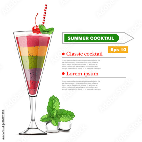 Exotic fruits cocktail Vector realistic. Layers of different fruits strawberr...