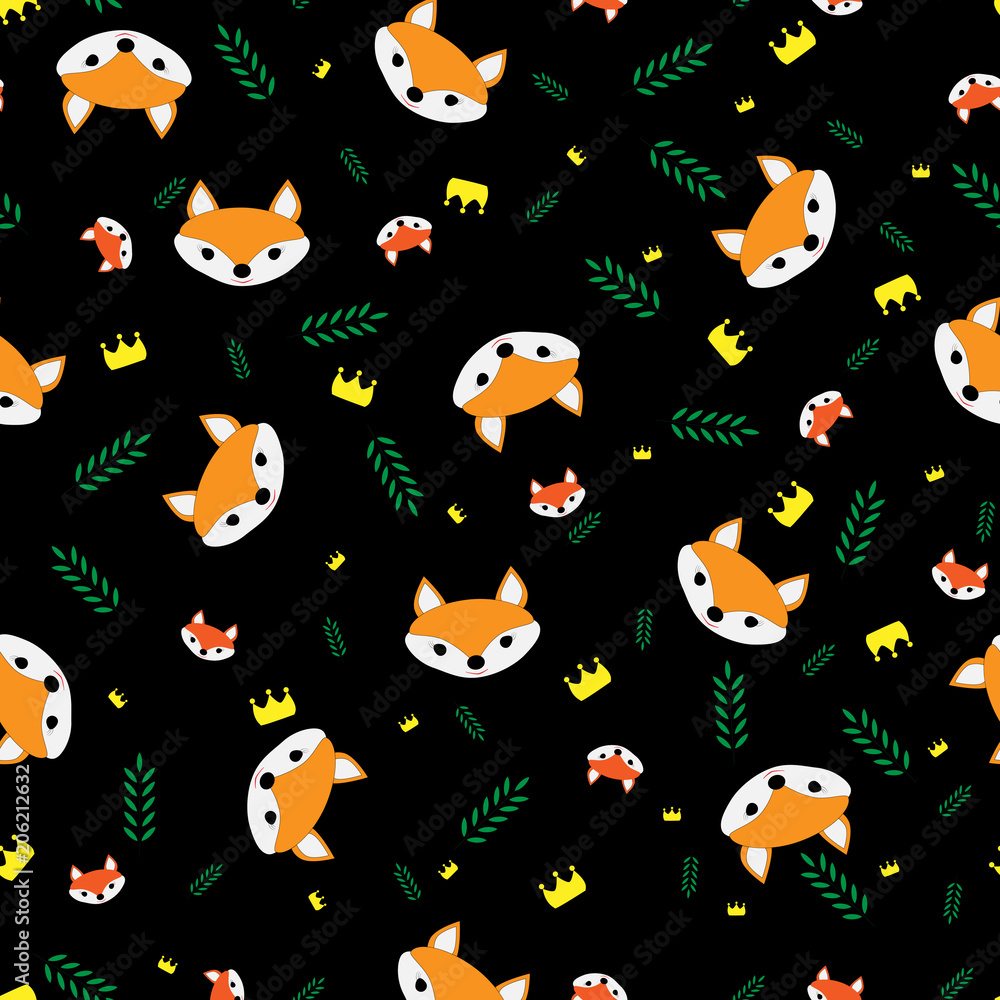 Seamless pattern for decoration, with red foxes, crowns and leaves on black background