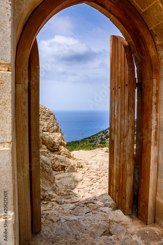 Architecture and nature in Kritinia castle on Rhodes island, Greece photo
