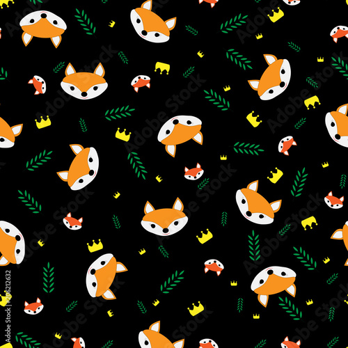 Fototapeta Naklejka Na Ścianę i Meble -  Seamless pattern for decoration, with red foxes, crowns and leaves on black background