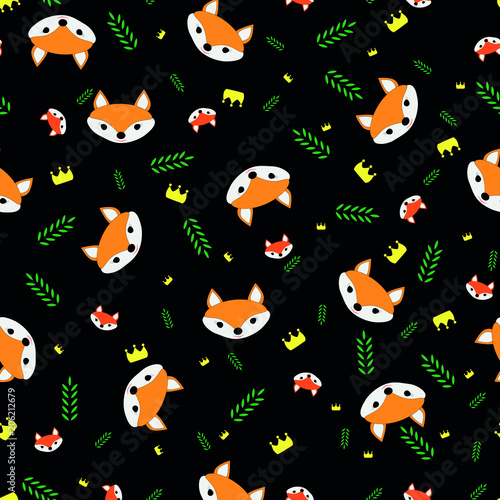 Seamless pattern for decoration, with red foxes, crowns and leaves on black background