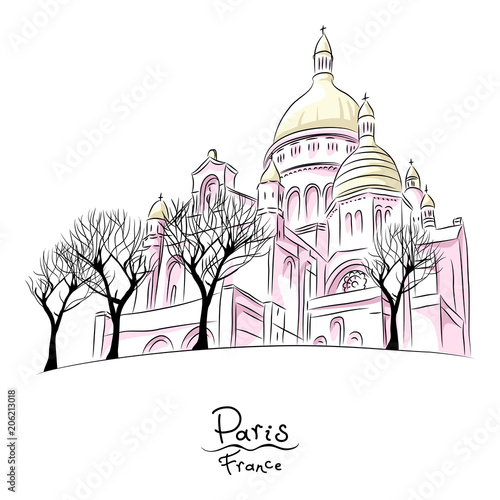 Vector hand drawing sketch of urban landscape with church of Sacre Coeur in Paris, France