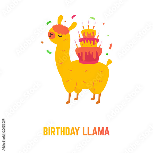 Holiday birthday card with cute llama and cake photo