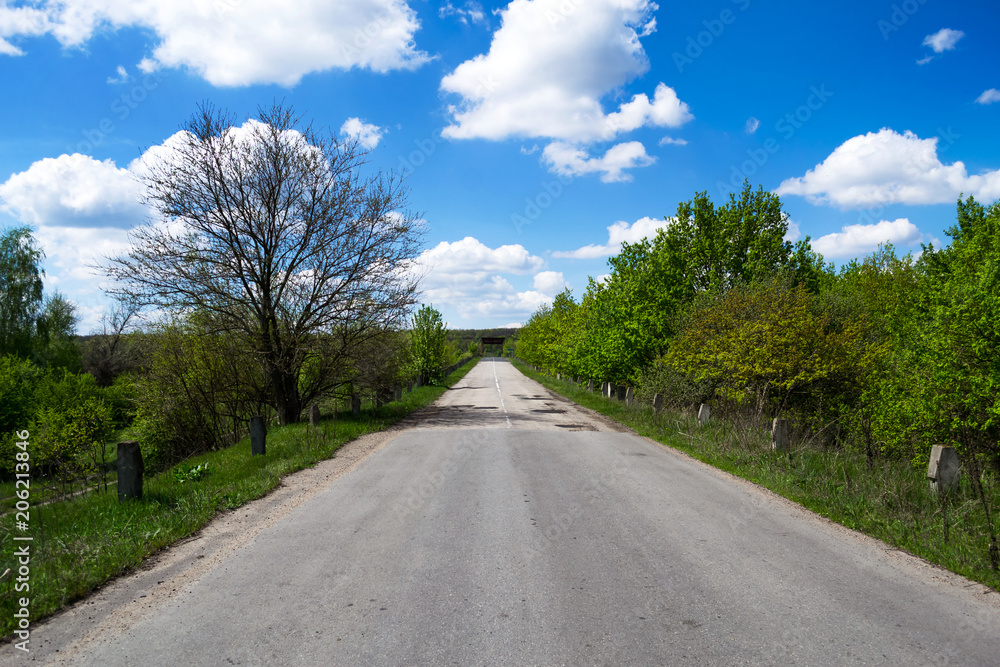Road going into the distance. Sky with clouds. Summer sunny day. Travel