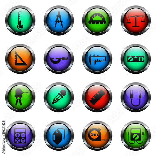 measuring tools vector icons on color glass buttons