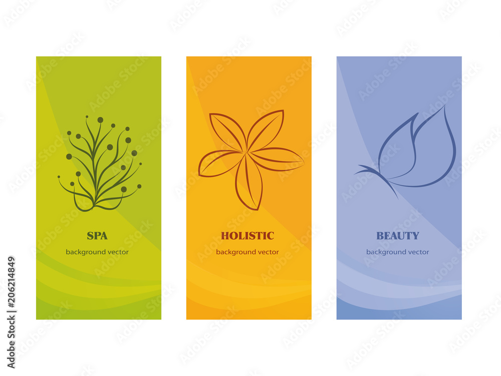 Branding Packaging -spa - beauty - holistic -  whit flower and butterfly on orange violet ang green background