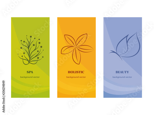 Branding Packaging -spa - beauty - holistic -  whit flower and butterfly on orange violet ang green background