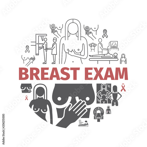 Self exam banner, breast cancer examination. Vector signs for web graphics.