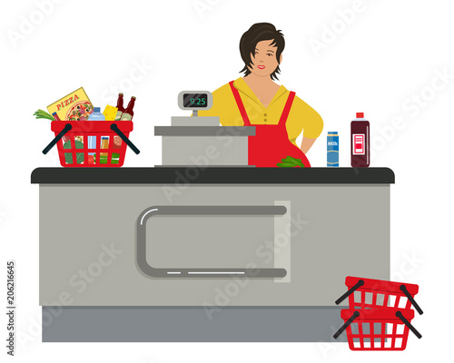 Web banner of a supermarket cashier. Cute plump woman is standing near the cash register. There is also a red shopping cart with products in the picture. Vector illustration
