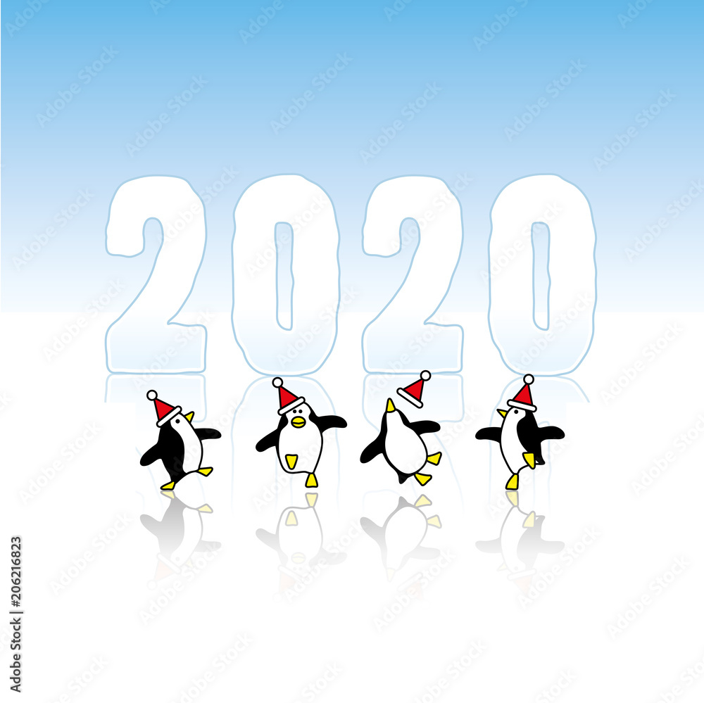 Fototapeta premium Four Santa Partying Penguins Celebrating before Year 2020