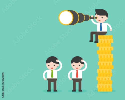 Tiny businessman sitting on stack of gold coins, holding binocular, another businessman standing on floor, advantage of richer about vision, flat design capitalism concept