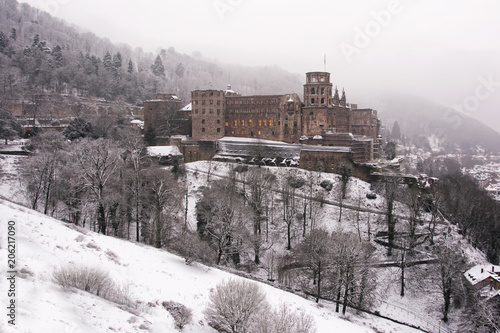 Winter Panoramic view of a germany landmark winter beautiful medieval town Heidelberg, Germany