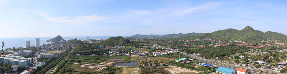 Dramatic atmosphere panorama aerial view of beautiful Hua Hin beach resort town at southern part of Thailand in summer season.