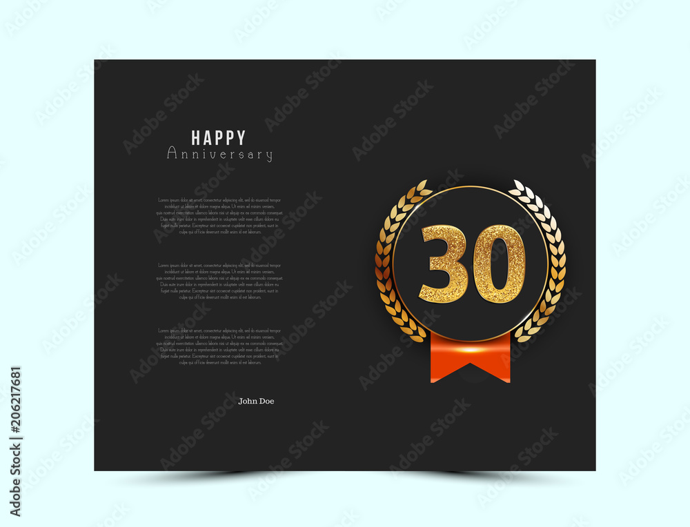 30th anniversary black card with gold and red elements. Vector illustration.