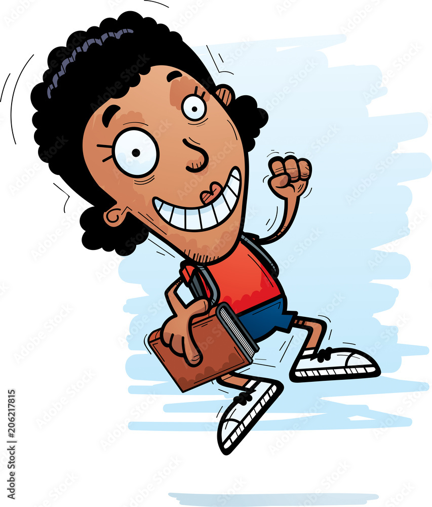 Cartoon Black Woman Student Jumping