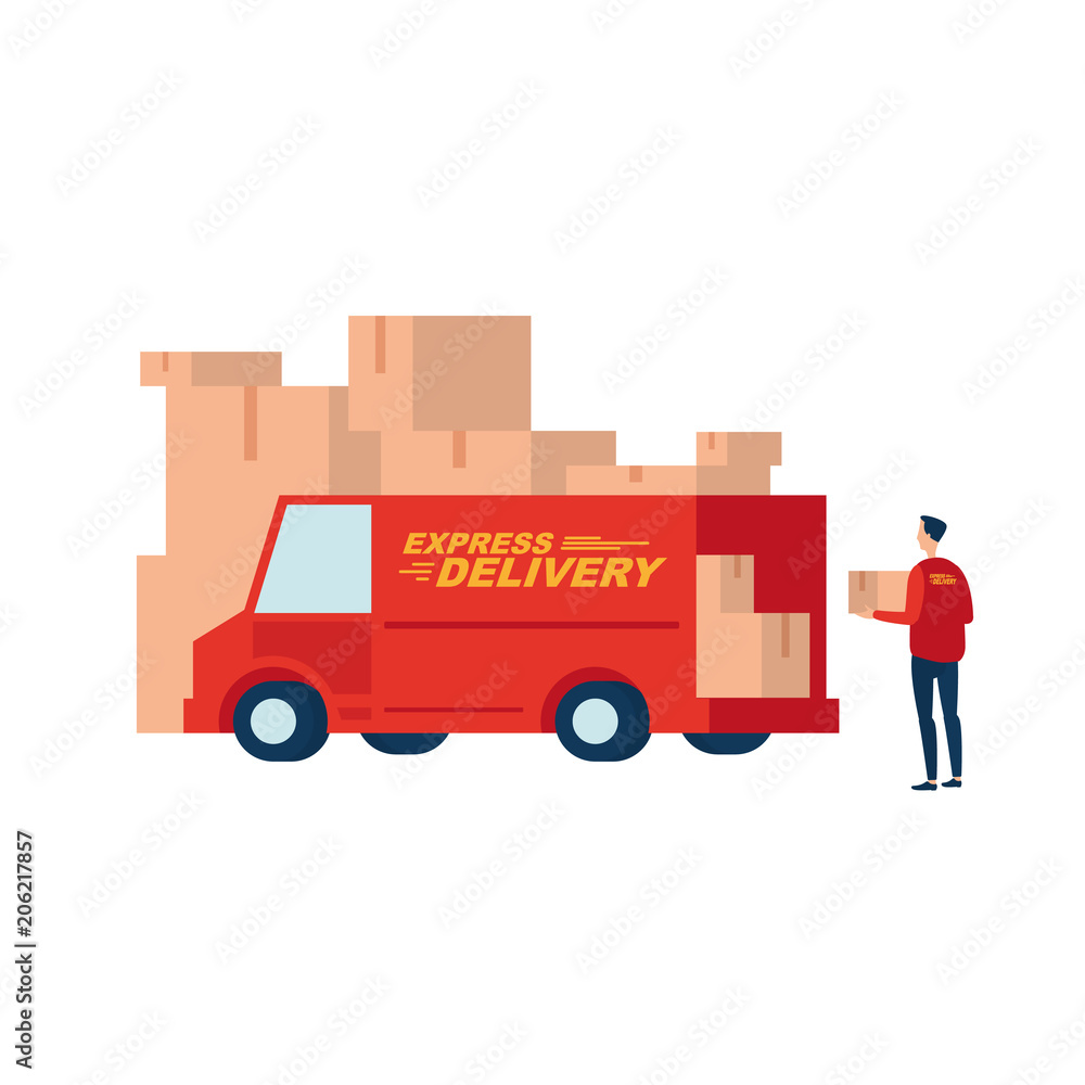 Express delivery. Courier with a box at the car. Illustrates the fast delivery service. Express delivery. Courier with a box at the car. Illustrates the fast delivery service.