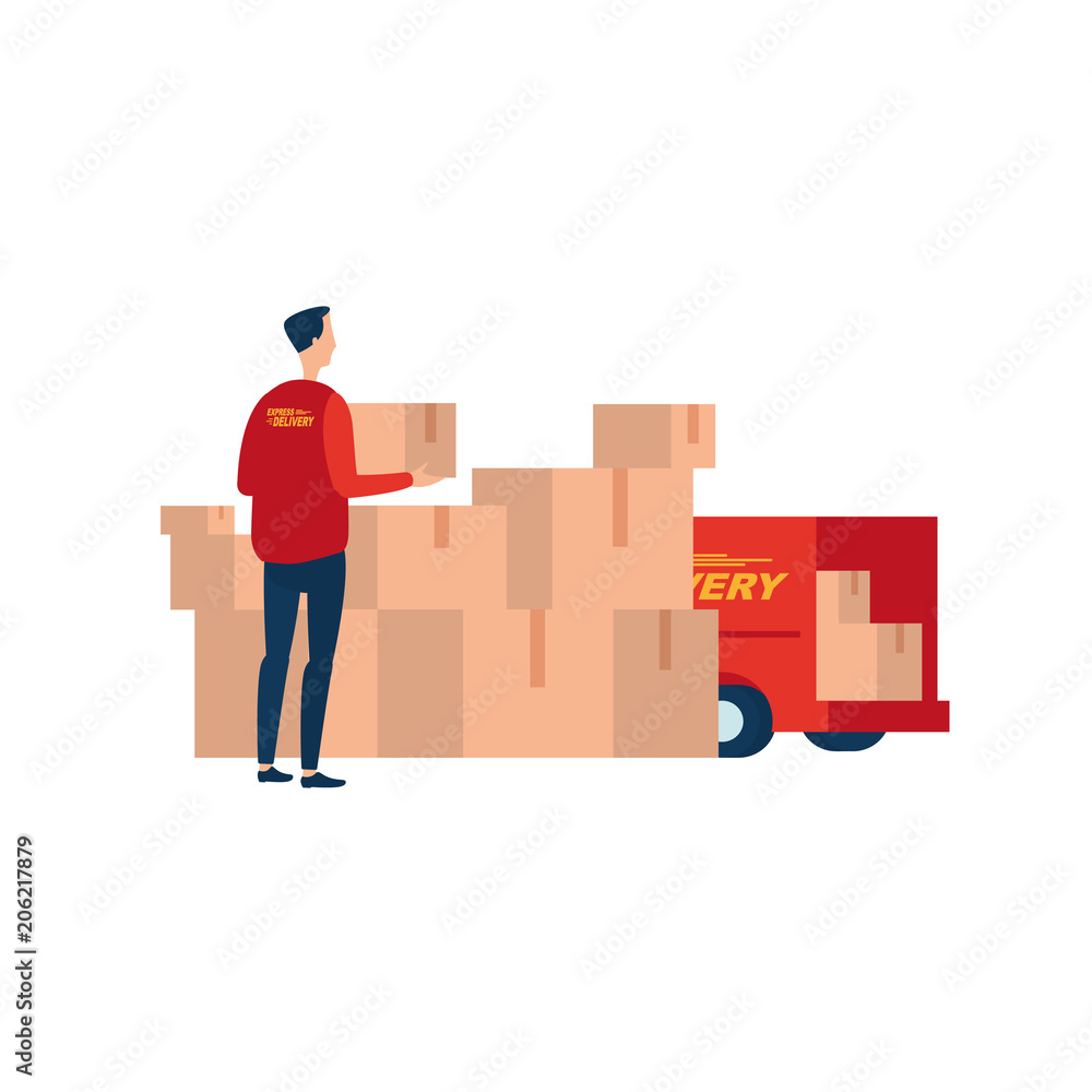 Express delivery. Courier with a box at the pile of parcels. Illustrates the fast delivery service. Express delivery. Courier with a box at the pile of parcels. Illustrates the fast delivery service.